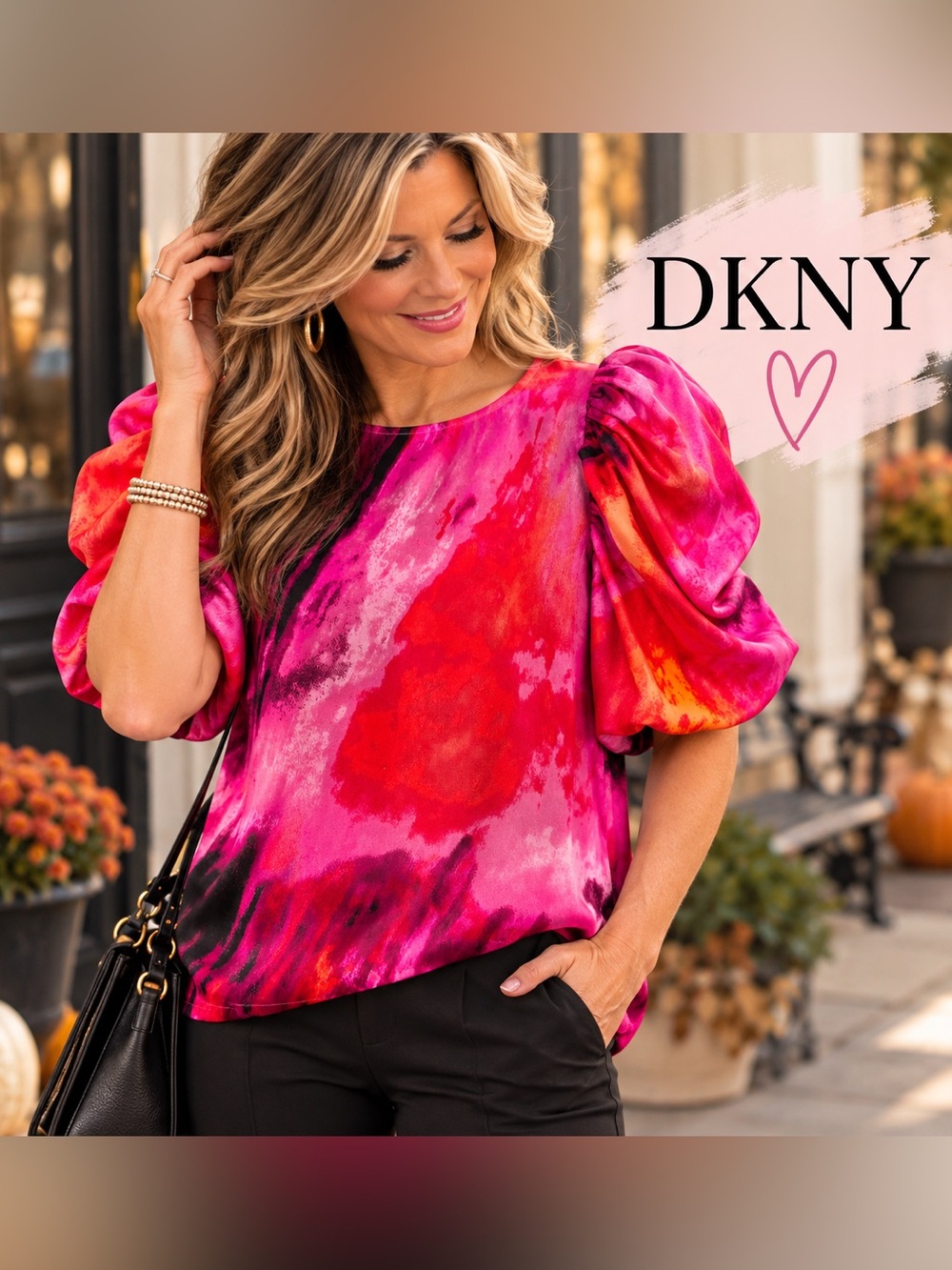 DKNY Abstract Stripe Puff Sleeve Satin Blouse Pink Multicolor Large